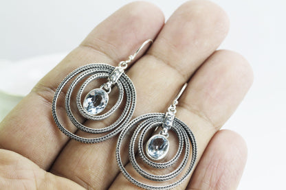 blue topaz earrings dangle drop 925 sterling silver decorated with dragon bone chain