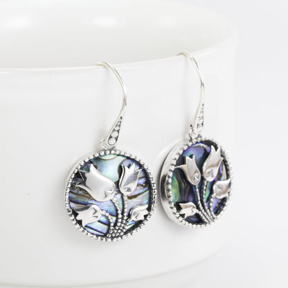 Tulip earrings 925 sterling silver round drop with genuine abalone shell, paua shell earrings