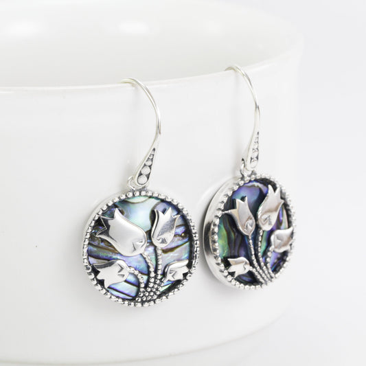 Tulip earrings 925 sterling silver round drop with genuine abalone shell, paua shell earrings