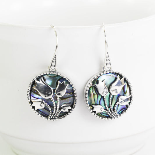 Tulip earrings 925 sterling silver round drop with genuine abalone shell, paua shell earrings