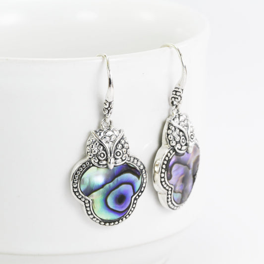 Owl earrings 925 sterling silver with genuine abalone decorated with swirl filigree