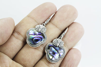 Owl earrings 925 sterling silver with genuine abalone decorated with swirl filigree