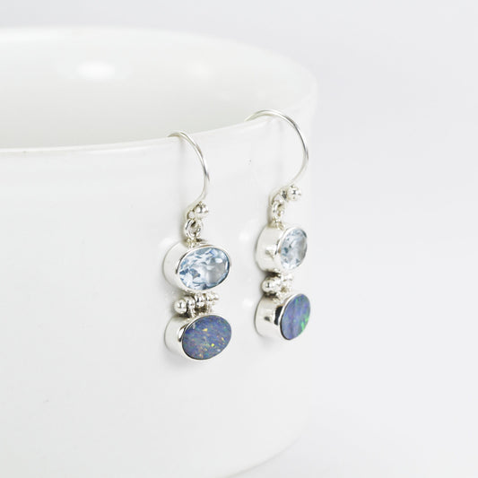 Australian opal earrings 925 sterling silver dangle drop, blue topaz earrings, two stone earrings
