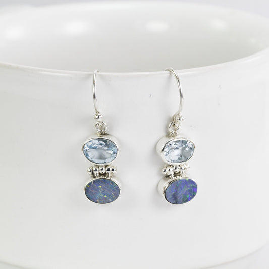 Australian opal earrings 925 sterling silver dangle drop, blue topaz earrings, two stone earrings