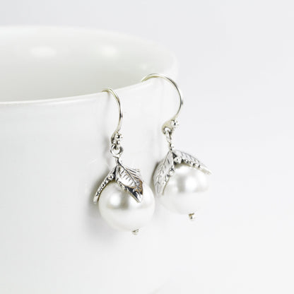 silver leaf earrings 925 sterling silver with genuine fresh water pearl, pearl earrings