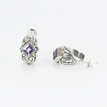 Hoops earrings 925 sterling silver with genuine amethyst