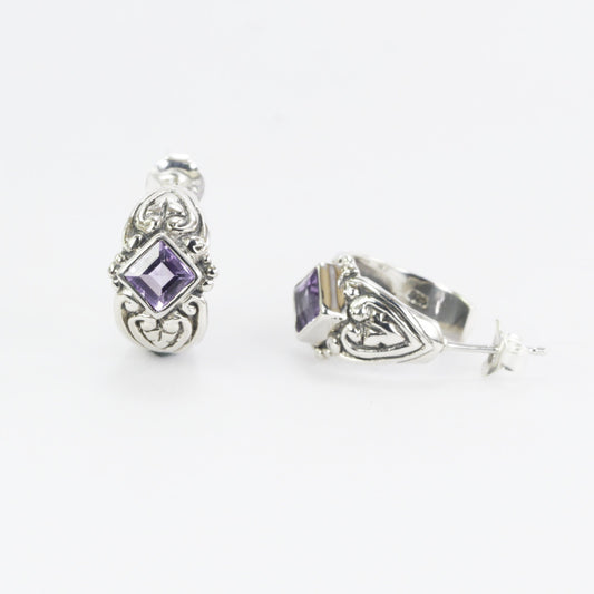Hoops earrings 925 sterling silver with genuine amethyst