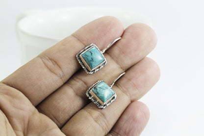 Square turquoise earrings 925 sterling silver decorated with rope edge