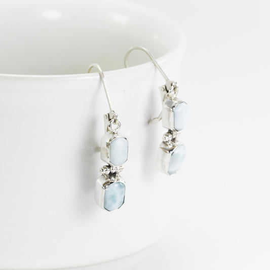 Larimar earrings dangle drop set in 925 sterling silver with lever back closure