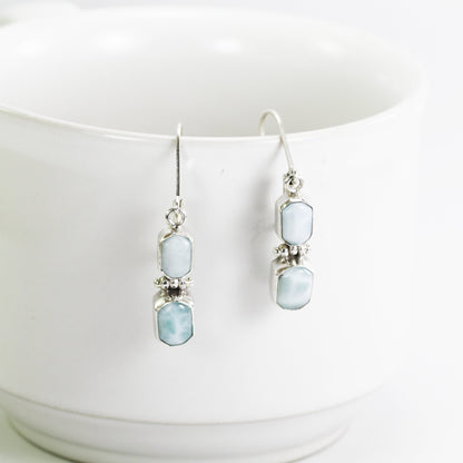 Larimar earrings dangle drop set in 925 sterling silver with lever back closure