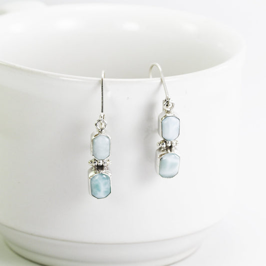 Larimar earrings dangle drop set in 925 sterling silver with lever back closure