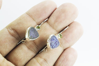 Peridot earrings with druzy set in 925 sterling silver and kidney closure, two stone earrings