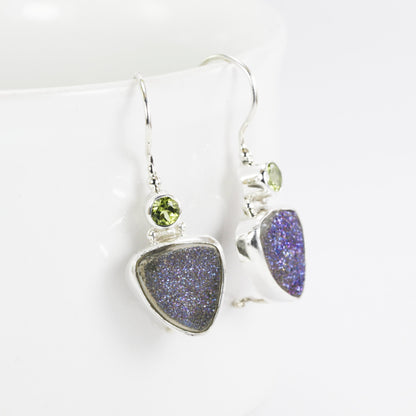 Peridot earrings with druzy set in 925 sterling silver and kidney closure, two stone earrings