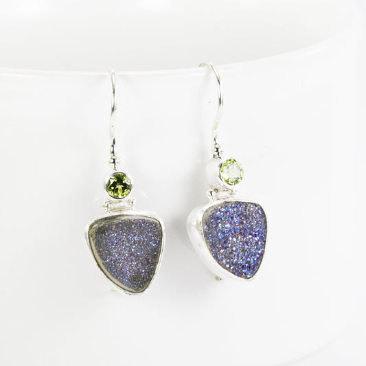 Peridot earrings with druzy set in 925 sterling silver and kidney closure, two stone earrings