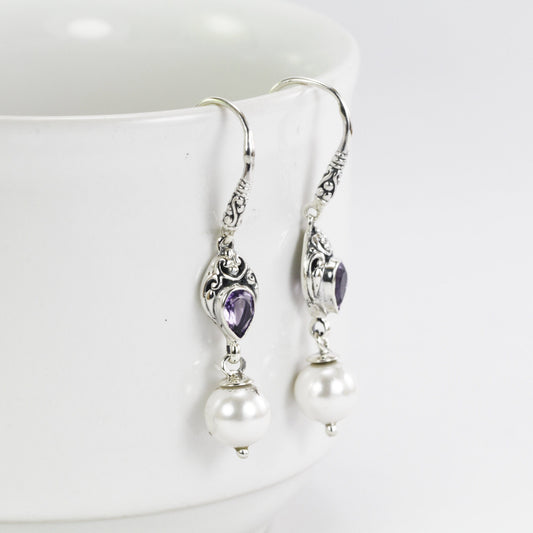 Amethyst earrings dangle drop 925 sterling silver with genuine fresh water pearl decorated with filigree