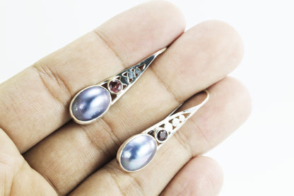 blue pearl earrings with genuine pink tourmaline set in 925 sterling silver, blue mabe pearl earrings