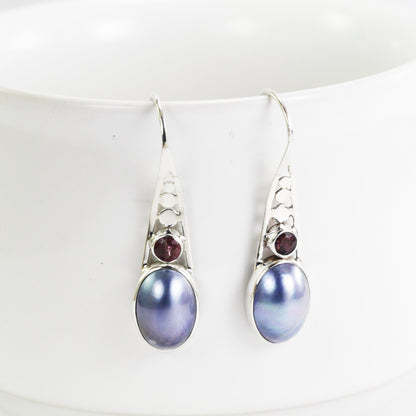 blue pearl earrings with genuine pink tourmaline set in 925 sterling silver, blue mabe pearl earrings