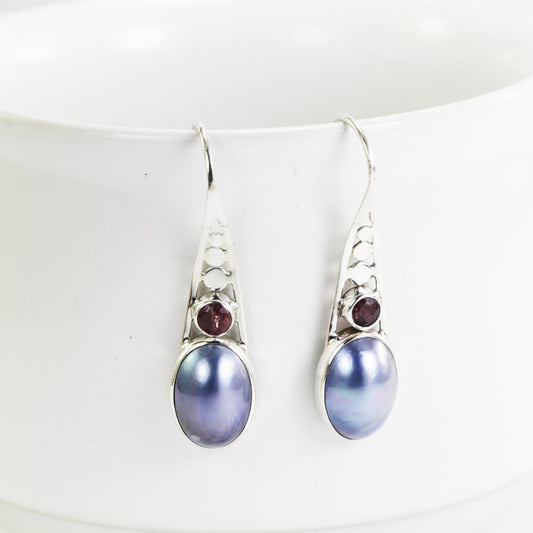 blue pearl earrings with genuine pink tourmaline set in 925 sterling silver, blue mabe pearl earrings