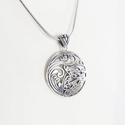 Dragonfly necklace pendant 925 sterling silver with open work filigree, round silver pendant