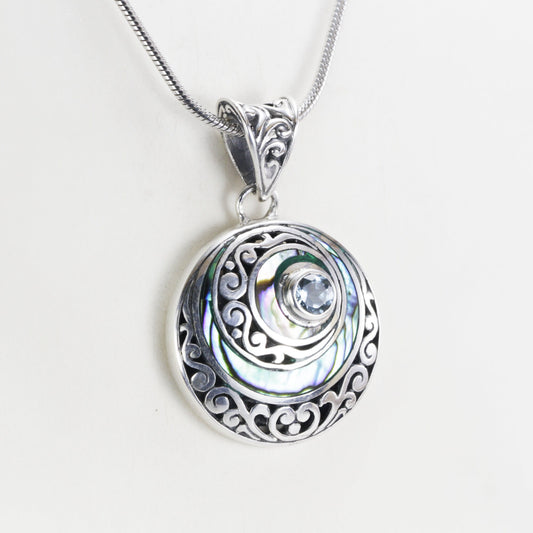 circle pendant necklace with genuine abalone shell and blue topaz set in 925 sterling silver
