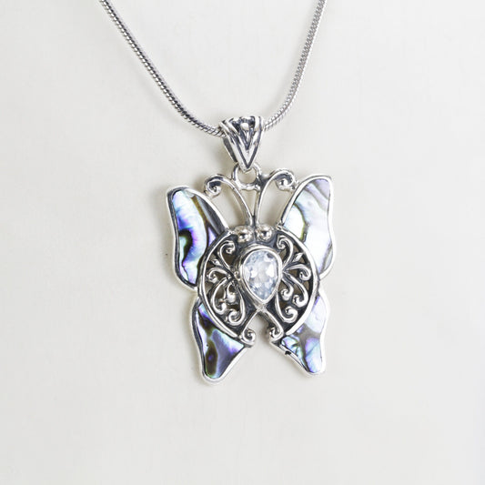 Butterfly pendant 925 sterling silver with genuine blue topaz and swirl filigree