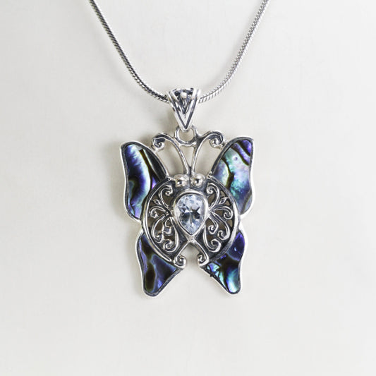 Butterfly pendant 925 sterling silver with genuine blue topaz and swirl filigree