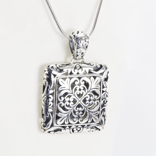 Square pendant necklace with open work art in 925 sterling silver, bali silver pendant