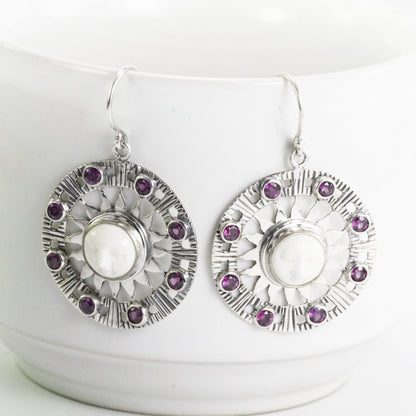 Moon face earrings dangle set in 925 sterling silver with genuine rhodolite gems stone, sun earring silver dangle