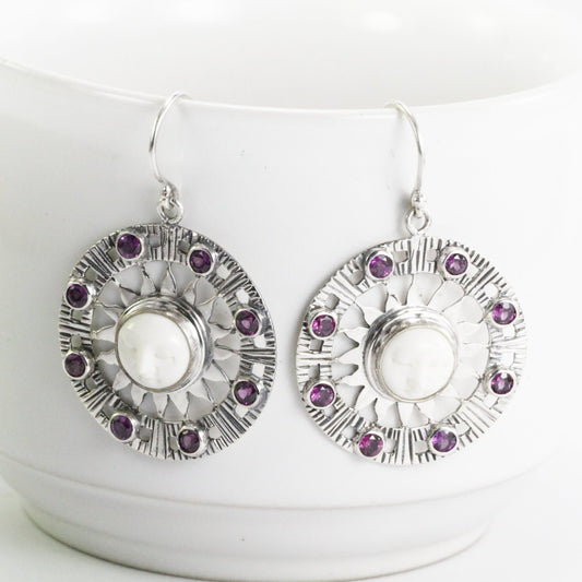 Moon face earrings dangle set in 925 sterling silver with genuine rhodolite gems stone, sun earring silver dangle