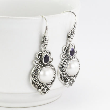 Balinese pearl earrings dangle in 925 sterling silver filigree art with natural amethyst, silver flower earrings