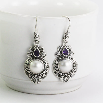 Balinese pearl earrings dangle in 925 sterling silver filigree art with natural amethyst, silver flower earrings