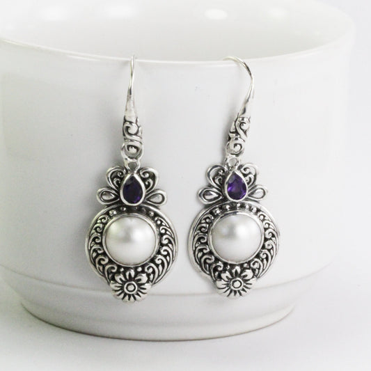 Balinese pearl earrings dangle in 925 sterling silver filigree art with natural amethyst, silver flower earrings