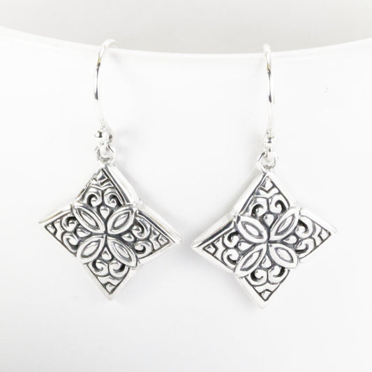 Silver earrings square carving in 925 sterling silver, Bali carving silver earrings dangle