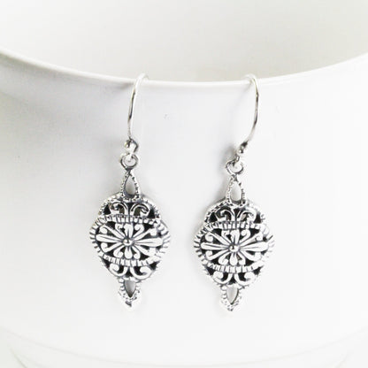 florist silver earrings in 925 sterling silver, Bali carving silver earrings dangle