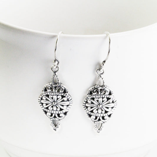 florist silver earrings in 925 sterling silver, Bali carving silver earrings dangle