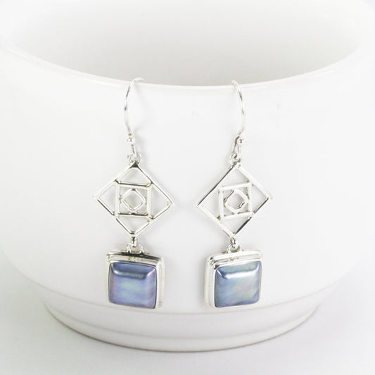 Square mabe Pearl Earrings 925 sterling, long earrings dangle with pearl