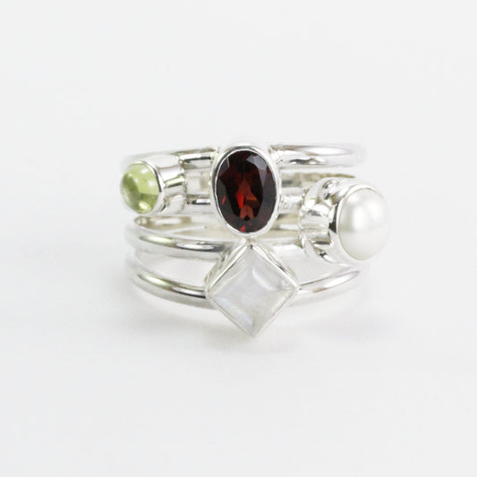 Multi color stone ring with garnet, peridot, moonstone, and fresh water pearl set in 925 sterling silver