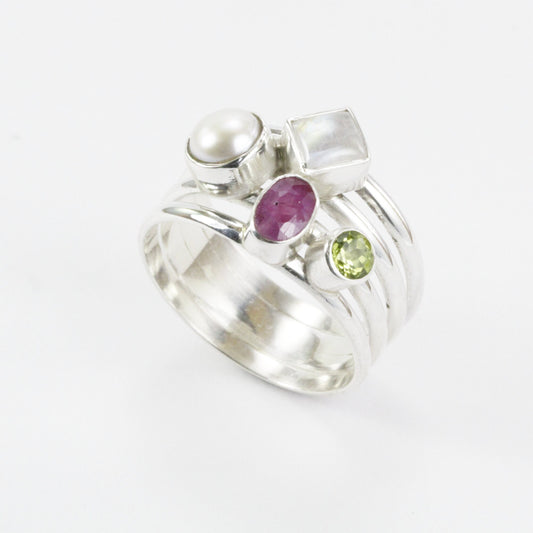 multi stone ring with ruby, peridot, moonstone, and fresh water pearl set in 925 sterling silver