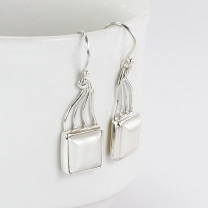 Square Pearl Earrings 925 sterling, long earrings dangle with pearl, white mabe pearl earrings
