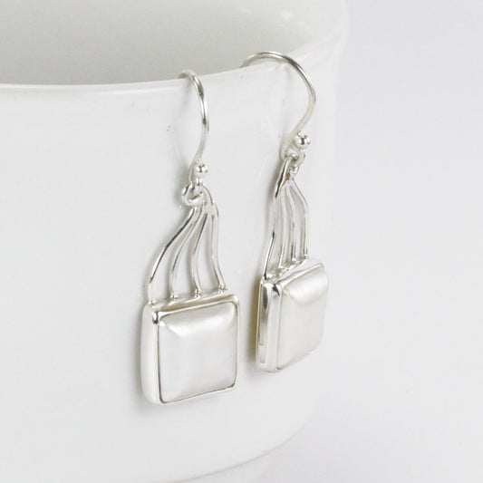 Square Pearl Earrings 925 sterling, long earrings dangle with pearl, white mabe pearl earrings