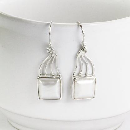 Square Pearl Earrings 925 sterling, long earrings dangle with pearl, white mabe pearl earrings
