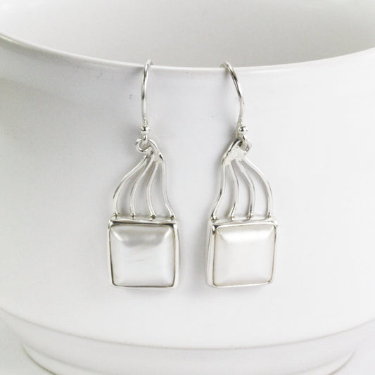 Square Pearl Earrings 925 sterling, long earrings dangle with pearl, white mabe pearl earrings