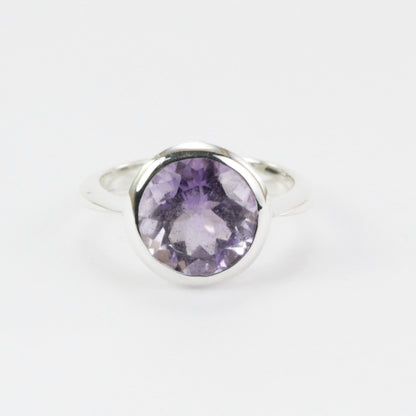 Round Amethyst solitaire ring for women 11 mm round handmade bezel set in 925 sterling silver