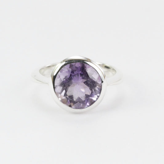 Round Amethyst solitaire ring for women 11 mm round handmade bezel set in 925 sterling silver