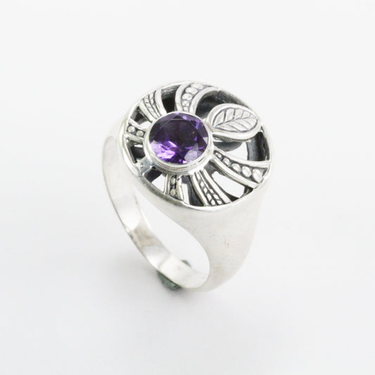Palm tree ring 925 sterling silver with genuine amethyst and white shell