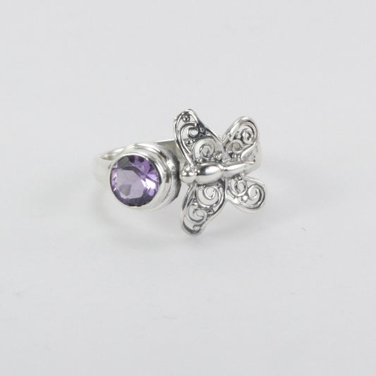 bypass ring 925 sterling silver with amethyst and filigree butterfly