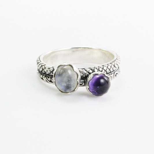 Two stone ring 925 sterling silver moonstone and amethyst, stackable ring filigree