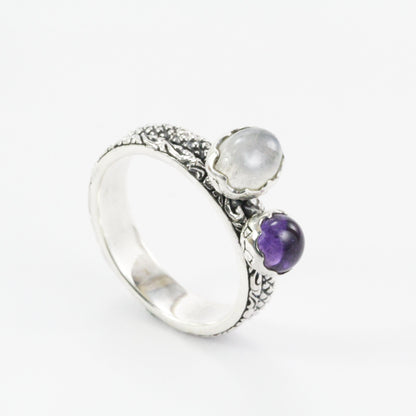 Two stone ring 925 sterling silver moonstone and amethyst, stackable ring filigree