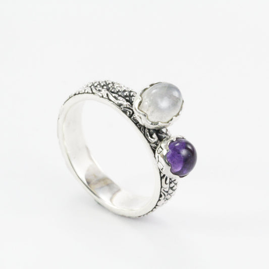 Two stone ring 925 sterling silver moonstone and amethyst, stackable ring filigree