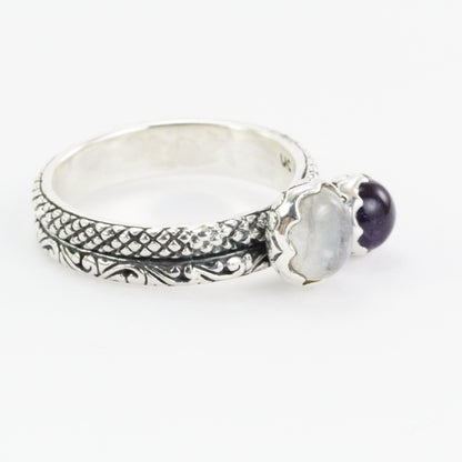 Two stone ring 925 sterling silver moonstone and amethyst, stackable ring filigree
